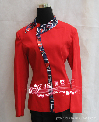 【新上市酒店工作服 酒店制服 高檔女服務(wù)員服飾 長袖紅色拼花JS130】價格,廠家,圖片,制服、工作服,廣州市番禺區(qū)大石景盛酒店用品經(jīng)營部-